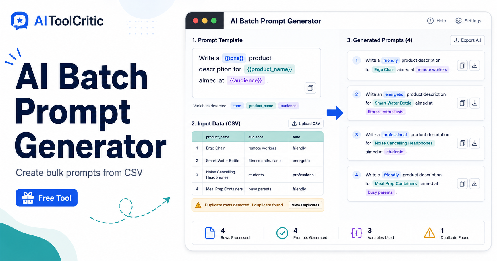 AI Batch Prompt Generator interface showing a prompt template, CSV input data, and generated prompts