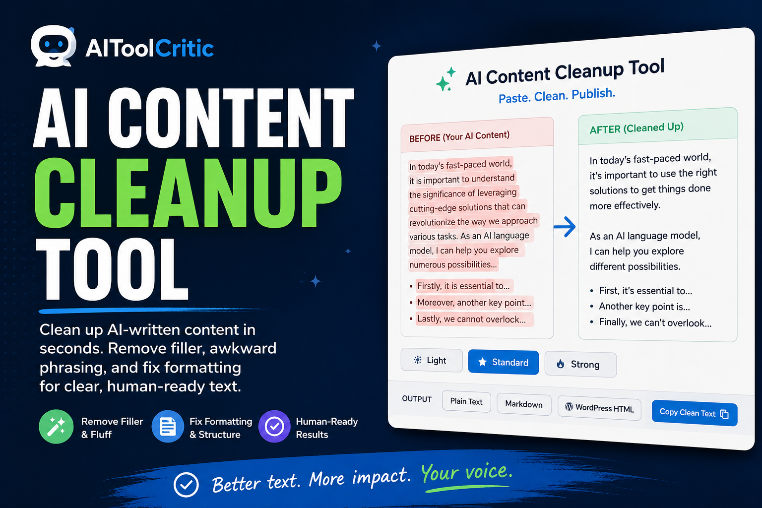 AI Content Cleanup Tool screen showing pasted AI draft text and cleaned output
