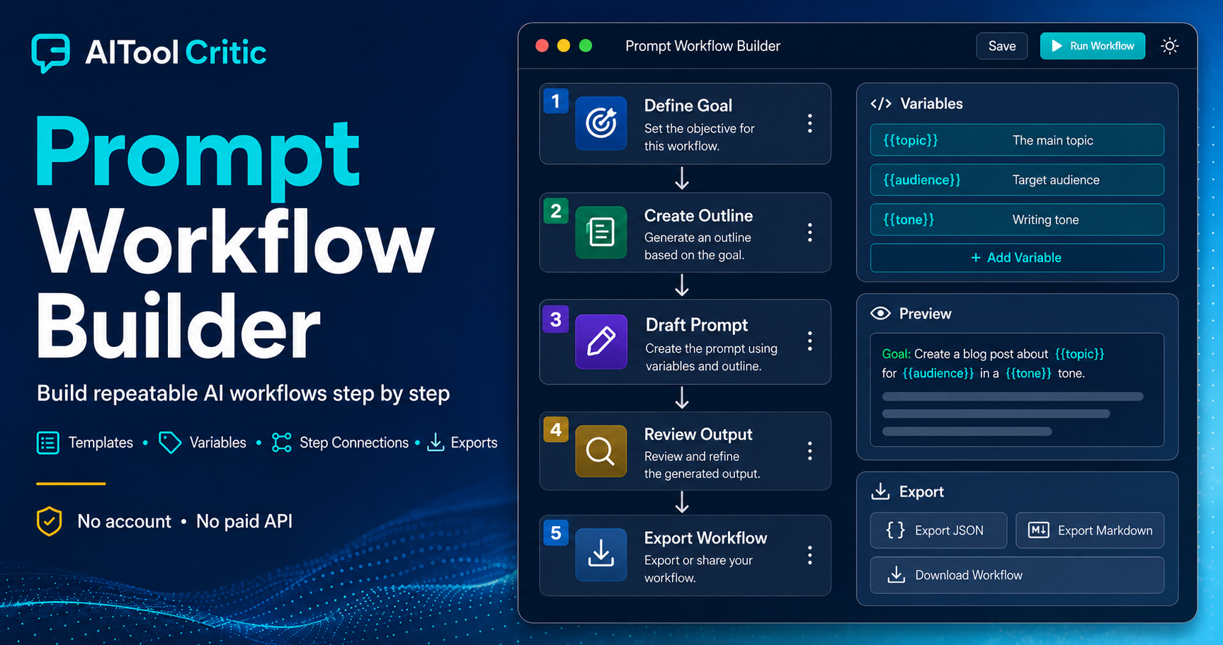 Prompt Workflow Builder screen showing multi-step AI prompt sequence with variables